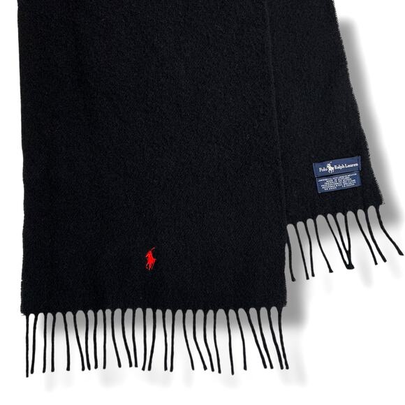 POLO Ralph Lauren Wool Scarf Lambswool Made in Scotland Black Fringe - Picture 3 of 5